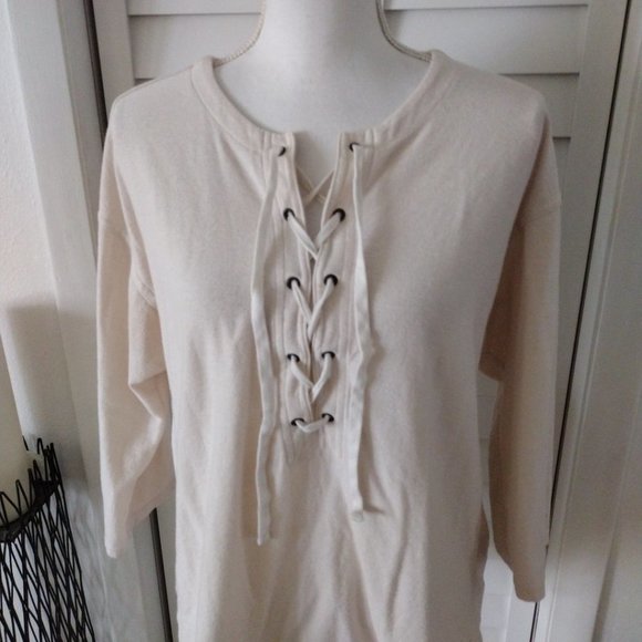 MADEWELL Cream 3/4 Sleeve Cotton-Blend Women's Libra Lace-Up Tee‎ Size M - Picture 3 of 10